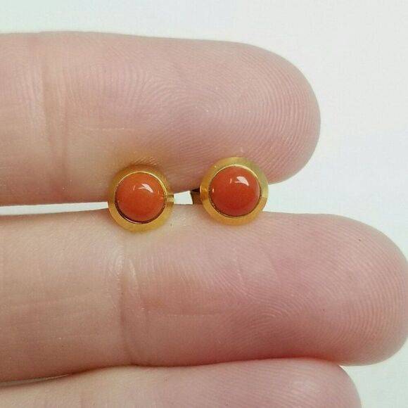 Vintage Sterling Silver Gold Overlay Orange Cabochon Stud Earrings, Small Estate - Picture 2 of 7
